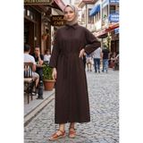 Modestim Tesettür Kadın Gömlek Yaka Boydan Düğmeli Geniş Manşetli Dabıl Kumaş Rahat Kalıp Kahve Tesettür Elbise