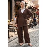 Modestim Tesettür Kadın Kahve Müslin Takım Kruvaze Bağlamalı Pantolon Ceket İkili Takım Tesettür Giyim