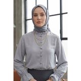 Modestim Tesettür Kadın Kolu Tünelli Yaka Fırfırlı Kısa Trend Şık Gri Tesettür Bluz Gömlek