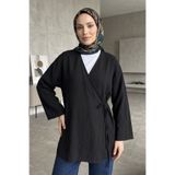 Modestim Tesettür Kadın Kruvaze Yaka Yan Bağlamalı Çilek Kumaş Yazlık Hırka Kimono Tesettür Tunik Siyah Tesettür Giyi