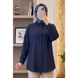 Modestim Tesettür Kadın Lacivert Çilek Kumaş Trend Tesettür Tunik Düğmeli 78 CM Oversize Dökümlü Rahat Gömlek Tunik
