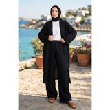Modestim Tesettür Kadın Siyah Belden bağlamalı Yazlık Şık Trend Uzun Kimono Hırka Pantolonlu Tesettür Takım