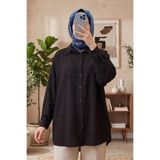 Modestim Tesettür Kadın Siyah Çilek Kumaş Trend Tesettür Tunik Düğmeli 78 CM Oversize Dökümlü Rahat Gömlek Tunik