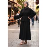 Modestim Tesettür Kadın Siyah Geniş Kollu Bağlamalı Bluz Tunik Etekli Tesettür Takım