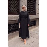 Modestim Tesettür Trend Tesettür Siyah Cupro Elbise Kuşaklı Beli Bağlamalı Şık ve Günlük Uzun Elbise Sade Düz Elbise