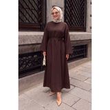 Modestim Trend Tesettür Kahve Cupro Elbise Kuşaklı Beli Bağlamalı Şık ve Günlük Uzun Elbise Sade Düz Elbise - S - M