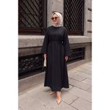 Modestim Trend Tesettür Siyah Cupro Elbise Kuşaklı Beli Bağlamalı Şık ve Günlük Uzun Elbise Sade Düz Elbise - L - XL