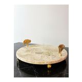 Modestmar Doğal Traverten mermer 28 cm Gold Ayaklı Gingko Detaylı Sunumluk, Traverten Tepsi