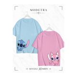 Modetra Kadın Erkek Lilo Angel Stitch Arka Bel Baskılı Sevgili Çift Kombini Oversize Renkli Tshirt 2li Takım Set