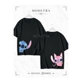 Modetra Kadın Erkek Lilo Angel Stitch Arka Bel Baskılı Sevgili Çift Kombini Oversize Renkli Tshirt 2li Takım