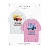 Modetra Kadın Erkek Unisex Sally & Mcqueen Cars Sırt Baskılı Sevgili Çift Kombini Oversize Renkli Tshirt 2'li Takım Set