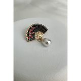 Modex Altın Rengi Oval İnci Sallantılı Siyah Mineli Yelpaze Broş (3cm)