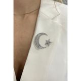 Modex Gümüş Rengi Taşlı Ay Yıldız Broş (4 CM)
