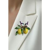 Modex Sarı Limon ve Yaprak Detay Kuşlar Broş (4cm) - 4 cm