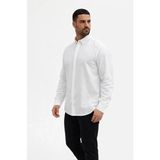 Modi Erkek Keten Kumaş Oversize Uzun Kollu Rahat Kalıp Gömlek - Beyaz - 001 - Beyaz - XL
