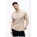 Modi Erkek Kısa Kol Fitilli Triko T-Shirt Yazlık Hakim Yaka Tişört Bej - 2XL