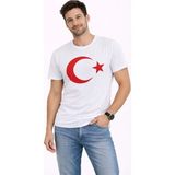 Modi Green Baskılı Erkek Günlük Stil Beyaz Kısa Kol Bisiklet Yaka Ay Yıldız Bayrak Tişört - XS