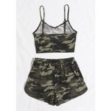 Modi Green Desenli Kadın Rahat Duruş Kamuflaj Askılı Crop Top ve Şortlu Takım Gecelik - L - XL