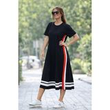 Modi Kadın Kısa Kollu Bisiklet Yaka Yan Şerit Detaylı Midi Viskon Elbise - Siyah - L - XL
