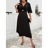 Modi Kadın Kısa Kollu Önden Sarmal Detaylı Yandan Yırtmaçlı Midi Sandy Elbise - Siyah - 2XL - 3XL