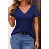 Modi Kadın Kısa Kollu V Yakalı Dantelli Viskon Bluz - 166-Lacivert - 2XL - 3XL