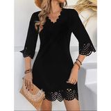 Modi Kadın Kısa Kollu V Yakalı Lazer Kesim Çiçek Desenli Ithal Krep Elbise - Siyah - 2XL - 3XL