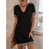 Modi Kadın Kısa Kollu V Yakalı Mini Krep Elbise - Siyah - L - XL