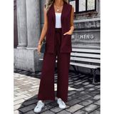 Modi Kadın Kolsuz Önü Açık Yakalı Cepli Janjan Krep Yelek ve Pantolon Ikili Takım - 003-Bordo - L - XL