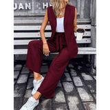 Modi Kadın Kolsuz Önü Açık Yakalı Cepli Janjan Krep Yelek ve Pantolon Ikili Takım - 02R-Bordo - 2XL - 3XL