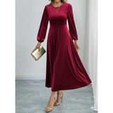 Modi Kadın Uzun Kollu Bisiklet Yaka Midi Kadife Elbise - Bordo - 2XL - 3XL