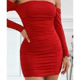 Modi Kadın Uzun Kollu Omuzlardan Açık Takma Büzgülü Sandy Kısa Elbise - Kırmızı - 2XL - 3XL