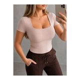 MODiSCHO Kadın Bej Kare Yaka Slim Fit Pamuklu Ultra Soft Likralı Kumaş Basic Bluz