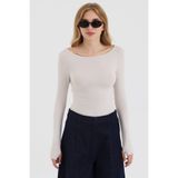 MODiSCHO Kadın Bej Kayık Yaka Slim Fit Parmak Geçmeli Ultra Soft Yumuşak Esnek Likralı Pamuklu Basic Body&Bluz