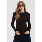 MODiSCHO Kadın Kahverengi Bisiklet Yaka Slim Fit Parmak Geçmeli Ultra Soft Yumuşak Esnek Likralı Pamuklu Basic Body&Bluz