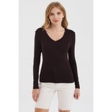 MODiSCHO Kadın Kahverengi V Yaka Slim Fit Parmak Geçmeli Ultra Soft Yumuşak Esnek Likralı Pamuklu Basic Body&Bluz