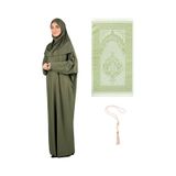 Modish Group Namaz Elbisesi Eşarp Seccade Tesbih Set, İslami Giyim Takım Ferace Turban Şal Haki