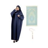 Modish Group Namaz Elbisesi Eşarp Seccade Tesbih Set, İslami Giyim Takım Ferace Turban Şal Lacivert