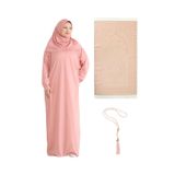 Modish Group Namaz Elbisesi Eşarp Seccade Tesbih Set, İslami Giyim Takım Ferace Turban Şal - Pudra