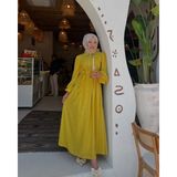 Modiva Mix Gömlek Yaka Düğme ve Taş Detaylı Kuşaklı Uzun Tesettür Balon Kol Büzgülü Elbise - 38 - Hardal Sarısı