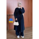 Mogi Butik Kadın Cupra Pike Uzun Hırka Bluz Geniş Paça Pantolonlu 3'lü Abaya Takım 3205 Lacivert - Premium Seri