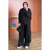 Mogi Butik Kadın Cupra Pike Uzun Hırka Bluz Geniş Paça Pantolonlu 3'lü Abaya Takım 3205 Siyah - Premium Seri