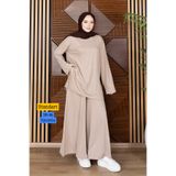 Mogi Butik Kadın Modal Cupra Kumaş Oversize Tunik Bol Paça Pantolon Tesettür Takım 3215 Bej - Özel Seri
