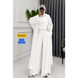 Mogi Butik Kadın Penye Uzun Hırka Bluz Geniş Paça Pantolonlu 3'lü Abaya Takım 3205 Beyaz