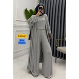 Mogi Butik Kadın Penye Uzun Hırka Bluz Geniş Paça Pantolonlu 3'lü Abaya Takım 3205 Grimelanj