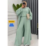 Mogi Butik Kadın Penye Uzun Hırka Bluz Geniş Paça Pantolonlu 3'lü Abaya Takım 3205 Mint