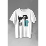 Mohikan Iskelet Adam Kara Kedi Nostalji Telefon Zili Baskılı Tişört Unisex T-Shirt - Beyaz - XL