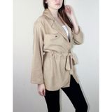 Mois Atelier Bej Keten Baharlık Cepli Kuşaklı Kadın Ceket Gömlek Tasarım Büyük Beden Tesettür - 3XL - 02S-Bej