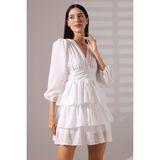 Mois Atelier Beyaz Ponpon Şifon Büzgülü Fırfırlı Mini Abiye Nikah Elbise Tasarım Hediye Büyük Beden - 3XL