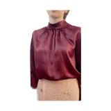 Mois Atelier Bordo Saten Büzgülü Bluz Gömlek Tasarım Hediye Büyük Beden Tesettür