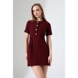 Mois Atelier Bordo Tüvit Kareli Şanel Kumaş Pileli Düğme Detaylı Mini Elbise Tasarım Hediye Büyük Beden